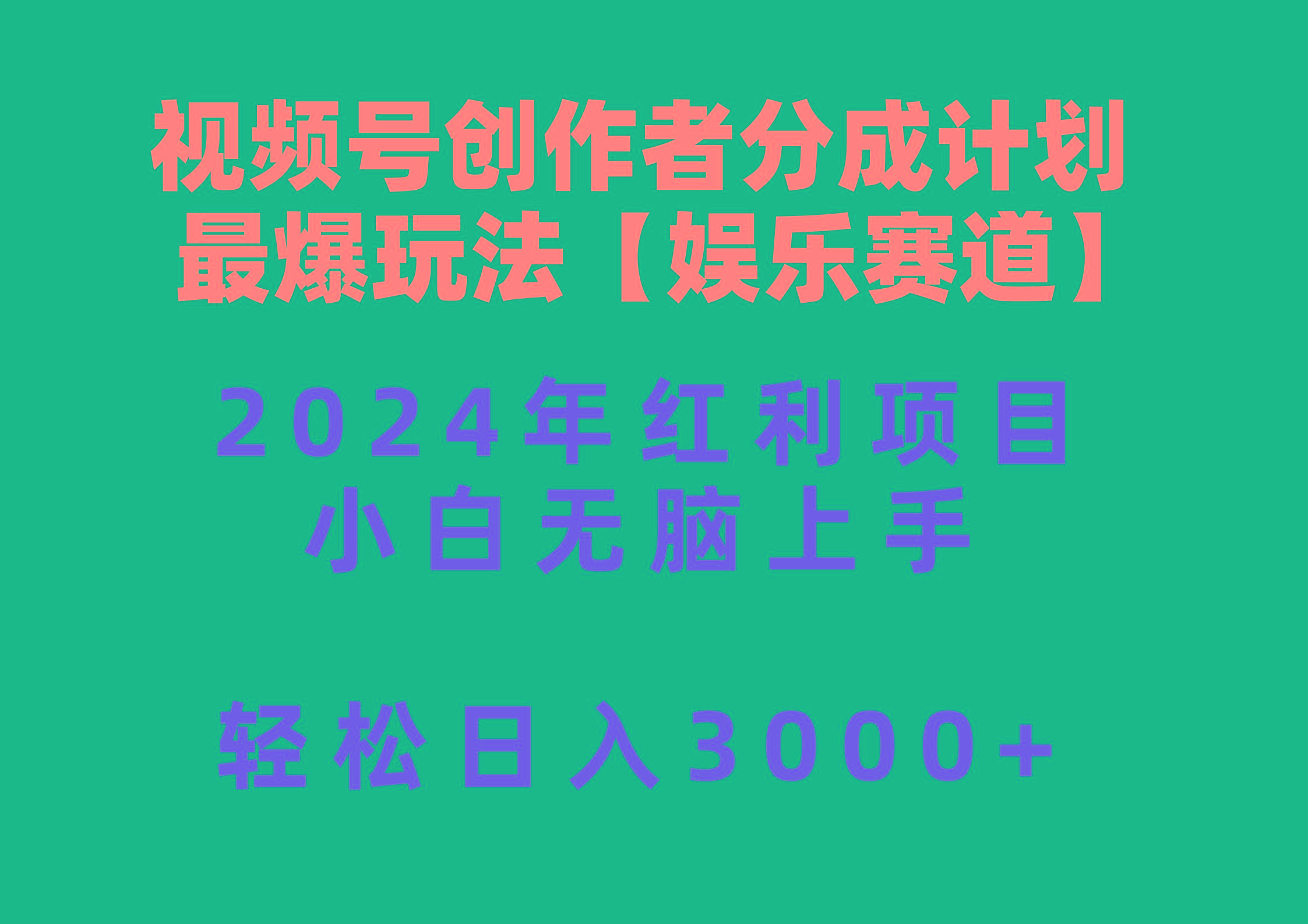 视频号创作者分成2024最爆玩法【娱乐赛道】，小白无脑上手，轻松日入3000+-源码天堂