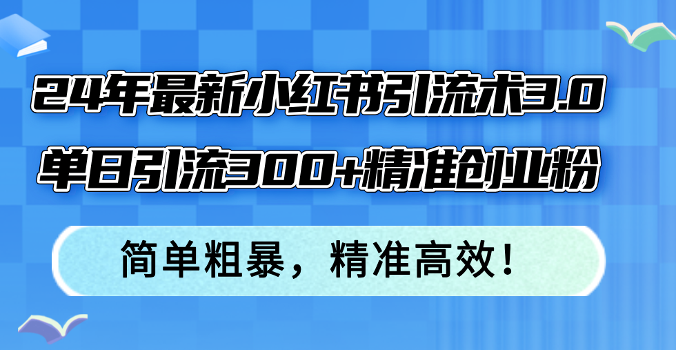 24年最新小红书引流术3.0，单日引流300+精准创业粉，简单粗暴，精准高效！-源码天堂