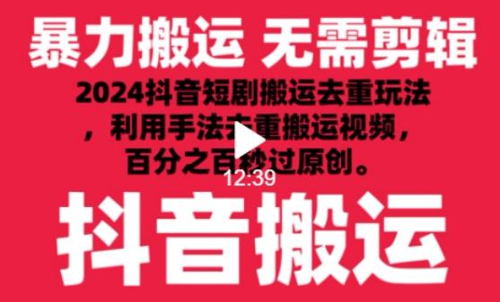 2024最新抖音搬运技术，抖音短剧视频去重，手法搬运，利用工具去重，达到秒过原创的效果【揭秘】-源码天堂