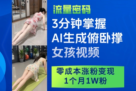 3分钟掌握AI生成俯卧撑女孩视频，零成本涨粉变现，1个月1W粉-源码天堂