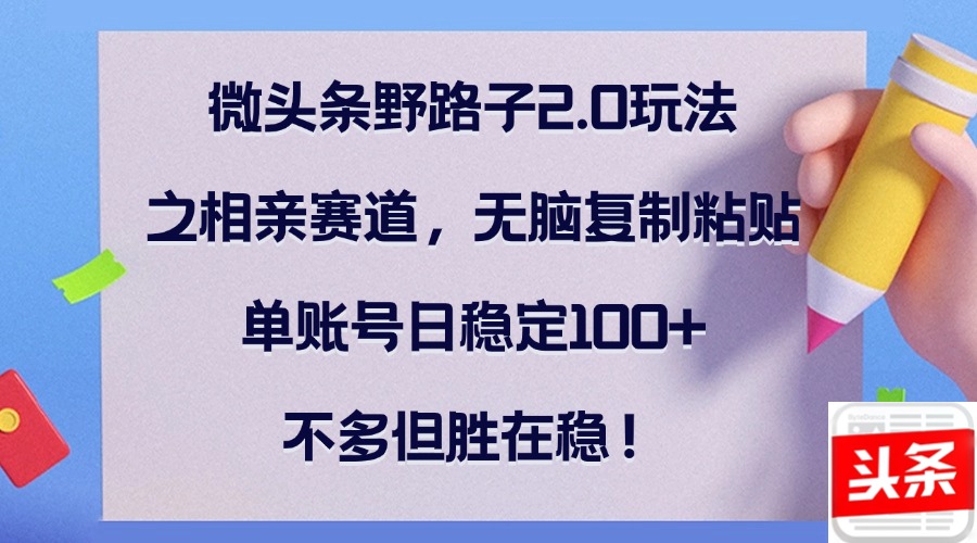 微头条野路子2.0玩法之相亲赛道，无脑复制粘贴，单账号日稳定100+，不…-源码天堂