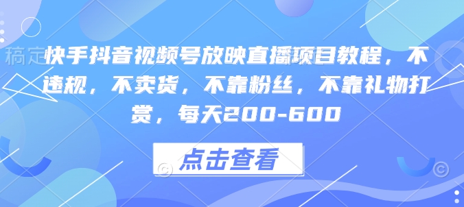 快手抖音视频号放映直播项目教程，不违规，不卖货，不靠粉丝，不靠礼物打赏，每天200-600-源码天堂