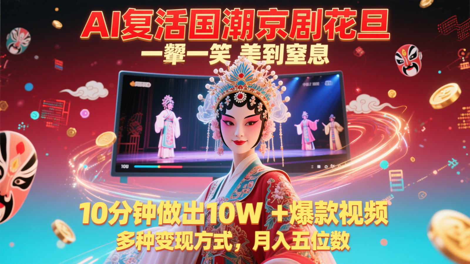 AI复活国潮京剧花旦，一颦一笑美到窒息，10分钟做出10W+爆款视频，多种变现方式-源码天堂