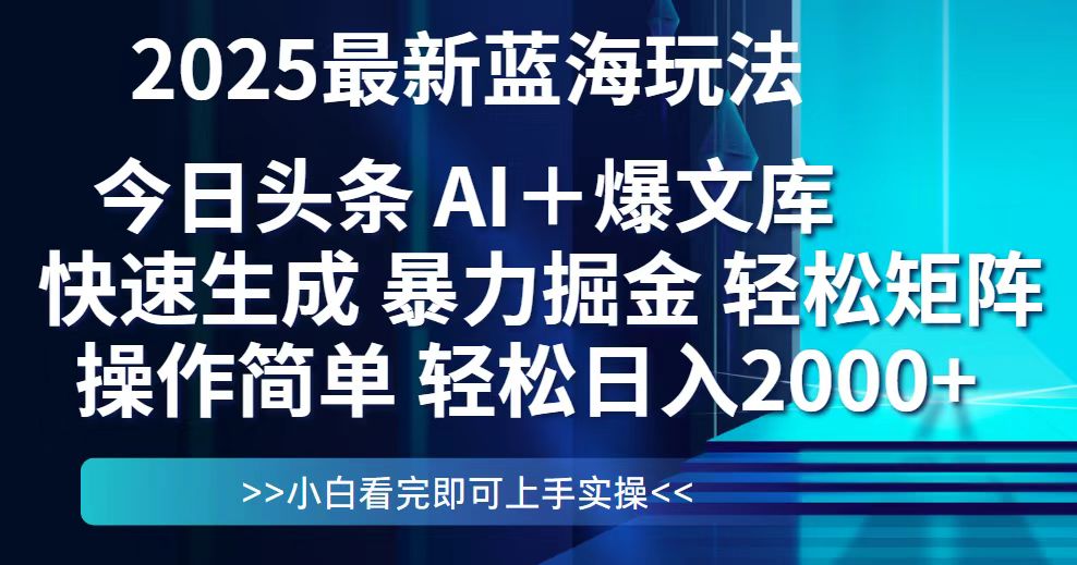 今日头条2025最新蓝海玩法，思路简单，复制粘贴，轻松实现矩阵日入2000+-源码天堂