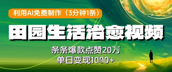 利用AI免费制作田园生活治愈视频，条条爆款点赞20W，单日变现几张-源码天堂