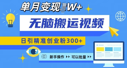 无脑搬运视频号可批量复制，新手即可操作，日引精准创业粉300+，月变现过W 【揭秘】-源码天堂