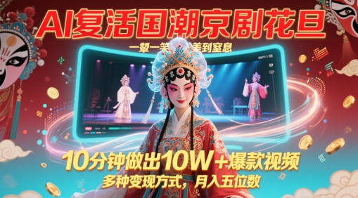 AI复活国潮京剧花旦，一颦一笑美到窒息，10分钟做出10W+爆款视频，多种变现方式，月入五位数-源码天堂