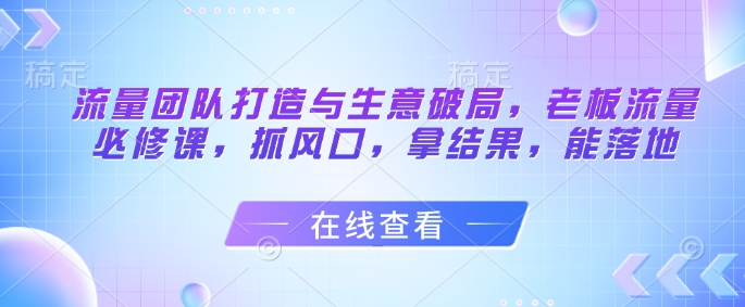流量团队打造与生意破局，老板流量必修课，抓风口，拿结果，能落地-源码天堂