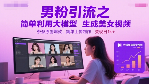 男粉引流之简单利用大模型生成美女视频，条条原创爆款，简单上传制作，变现日1k+-源码天堂