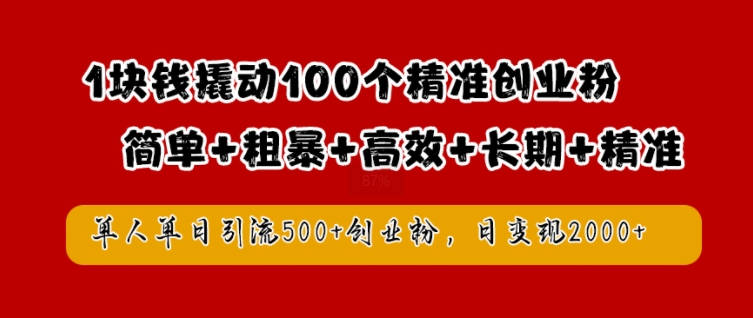 1块钱撬动100个精准创业粉，简单粗暴高效长期精准，单人单日引流500+创业粉，日变现2k【揭秘】-源码天堂