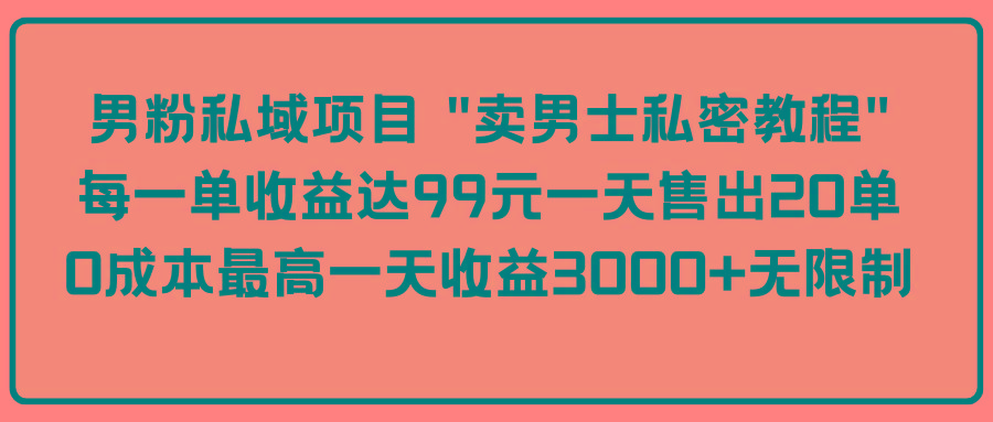 (9730期)男粉私域项目 “卖男士私密教程” 每一单收益达99元一天售出20单-源码天堂