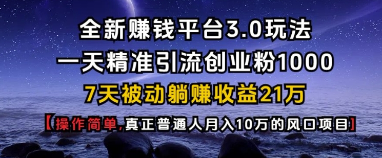 全新赚钱平台3.0玩法一天精准引流创业粉1000.7天被动躺Z收益21W【仅揭秘】-源码天堂