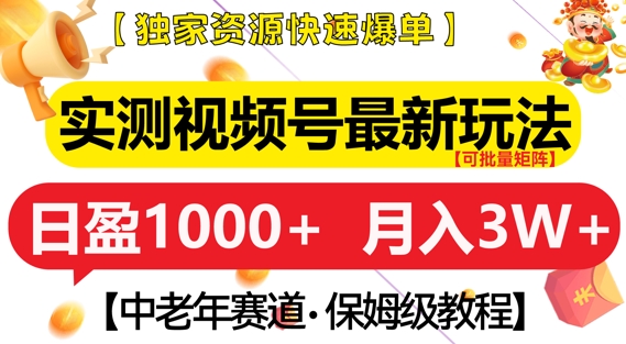 实测视频号最新玩法，中老年赛道，独家资源，月入过W+【揭秘】-源码天堂