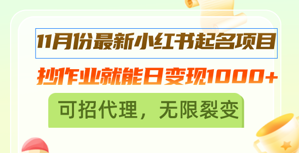 11月份最新小红书起名项目，抄作业就能日变现1000+，可招代理，无限裂变-源码天堂