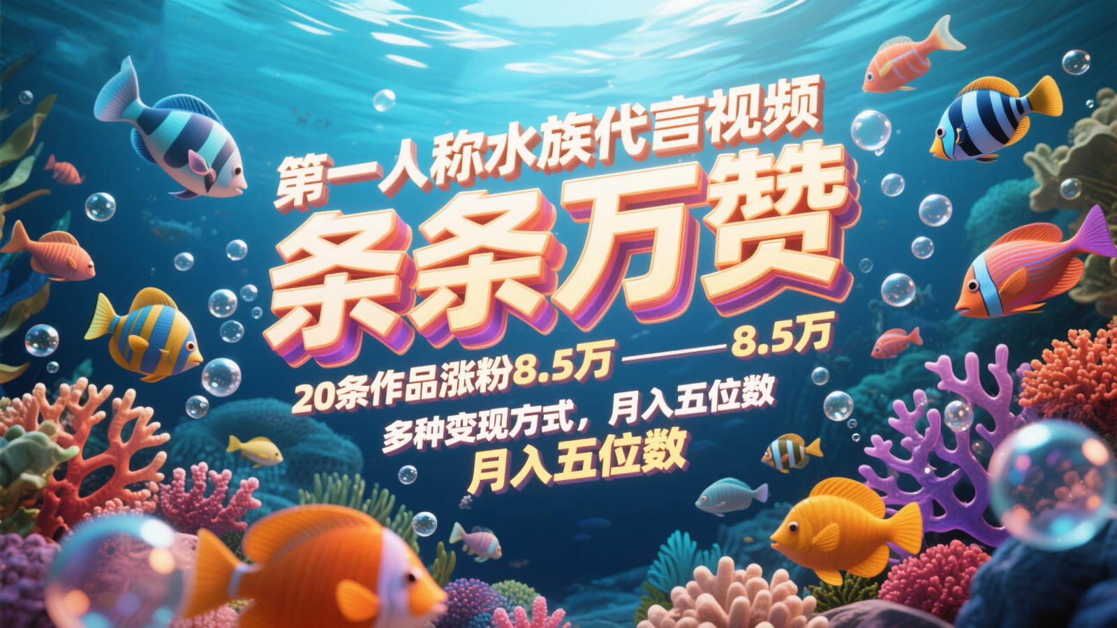 第一人称水族代言视频，条条万赞，20条作品涨粉8.5万，多种变现方式月，入五位数-源码天堂